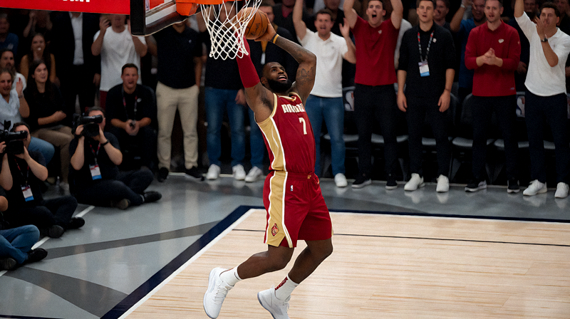 詹姆斯在NBA比赛中完成势大力沉的扣篮，全场观众起立欢呼